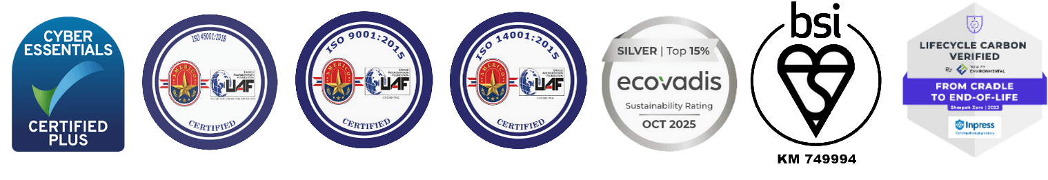 Accreditations: Cyber Essentials Plus, ISO 9001, ISO 14001 and ISO 45001, EcoVadis Silver, BSI Kitemark, lifecycle carbon verified